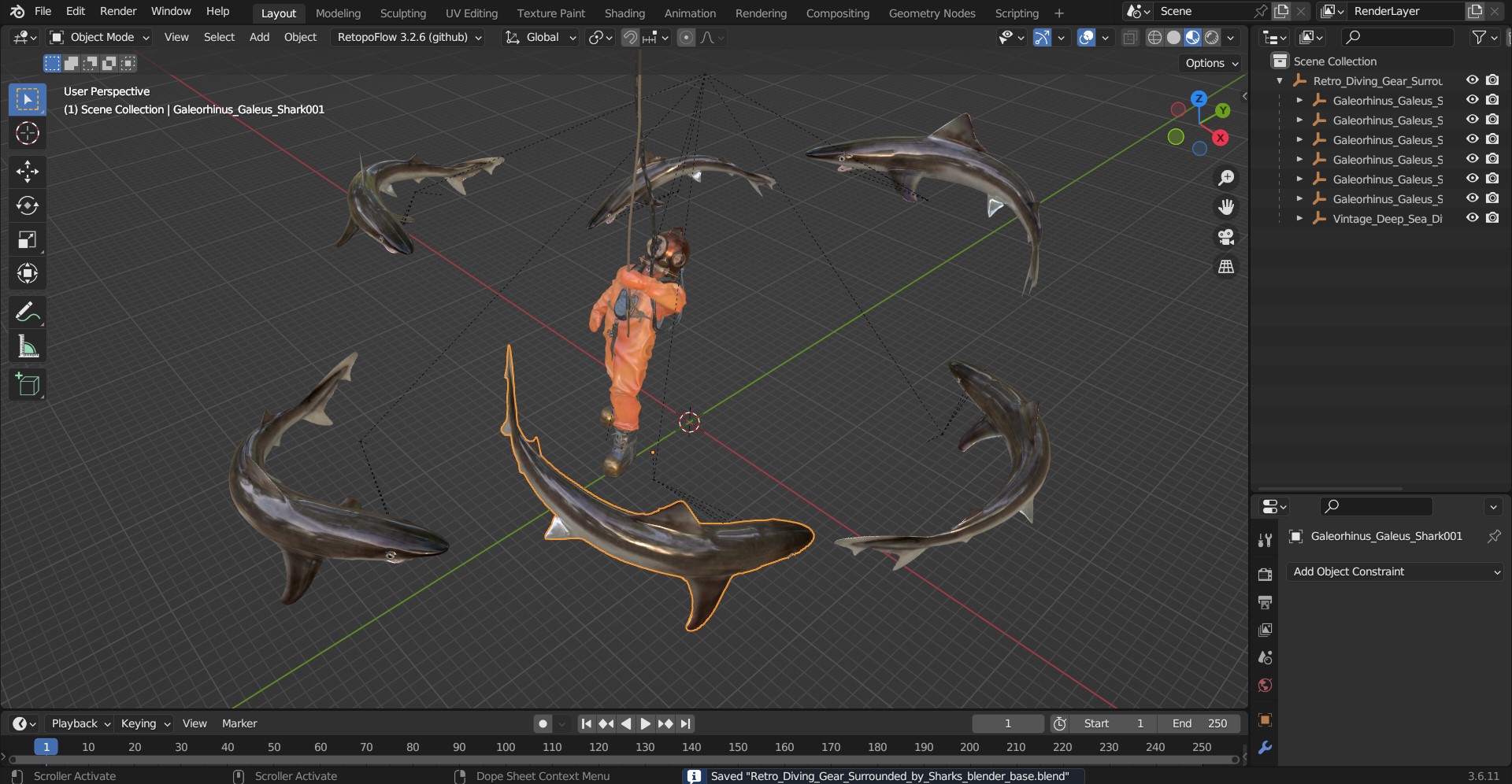 3D Retro Diving Gear Surrounded by Sharks model