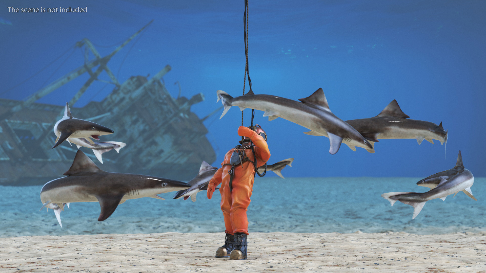 3D Retro Diving Gear Surrounded by Sharks model