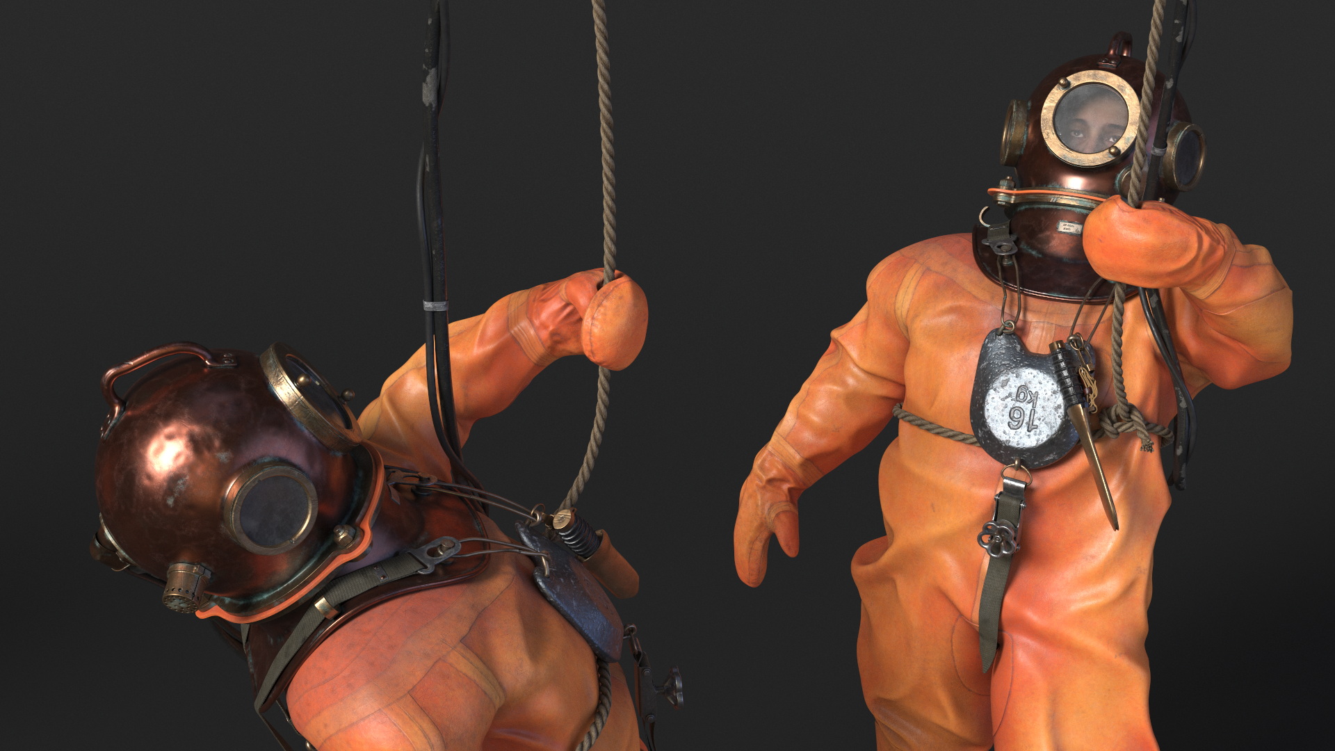 3D Retro Diving Gear Surrounded by Sharks model