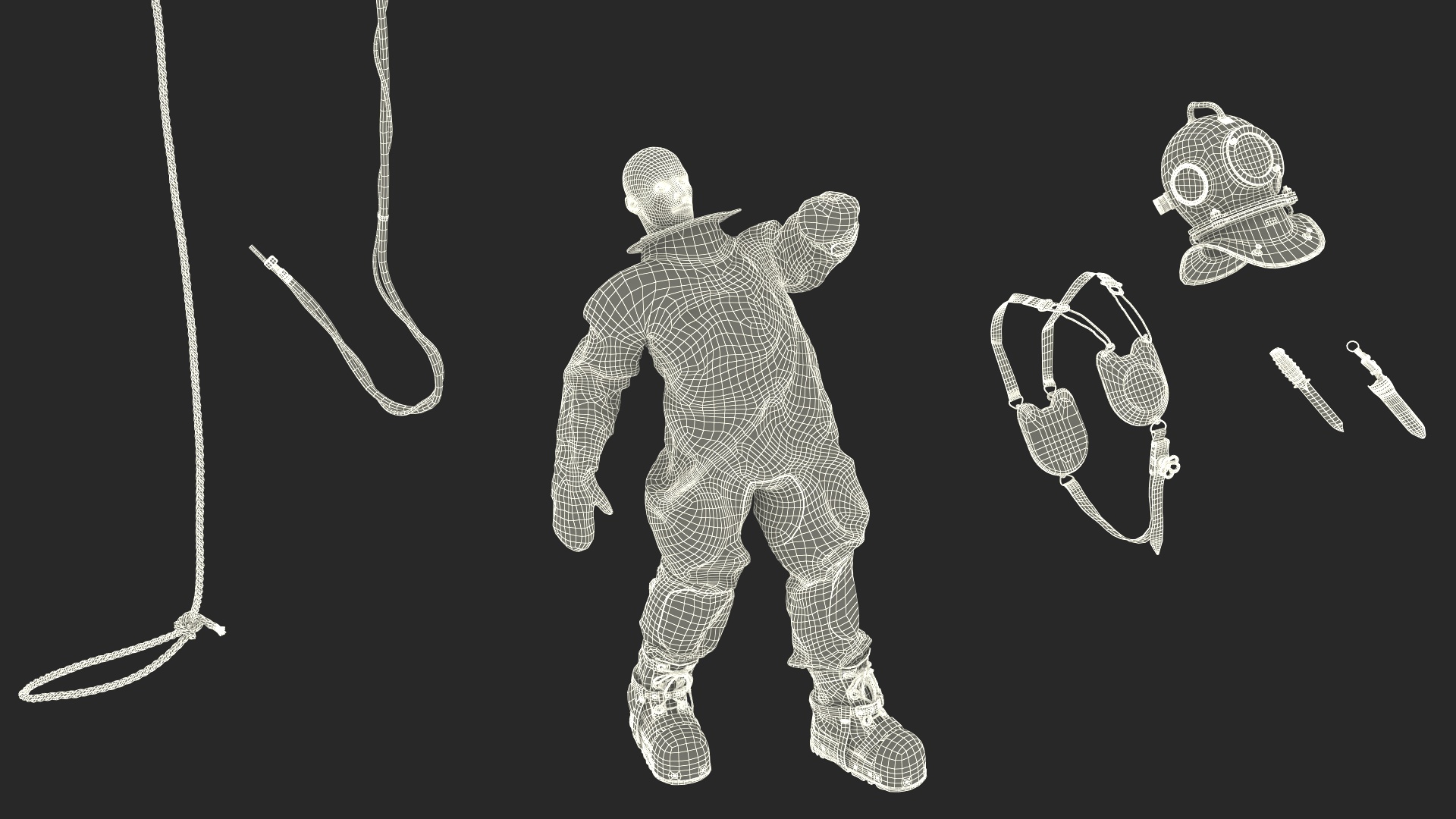 3D Retro Diving Gear Surrounded by Sharks model