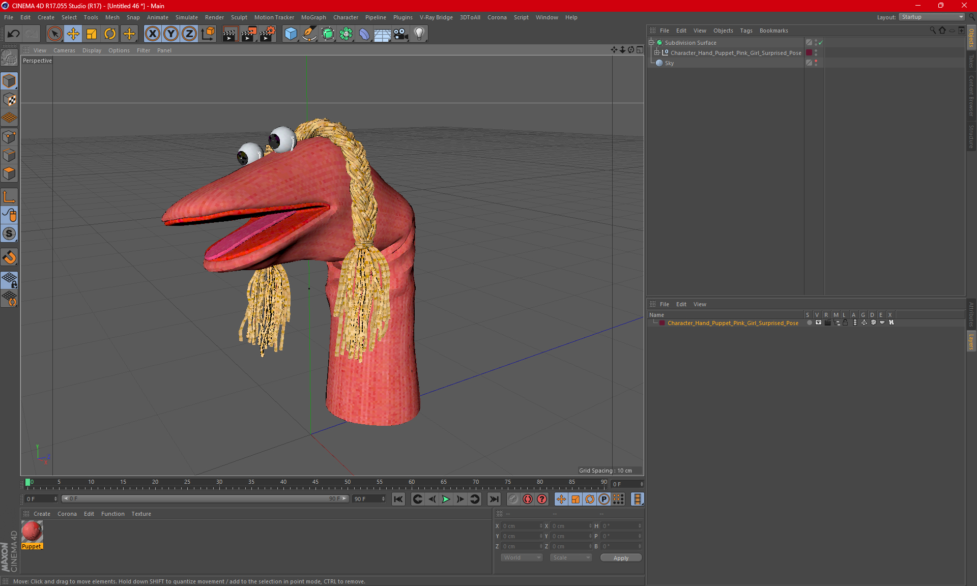 3D Character Hand Puppet Pink Girl Surprised Pose