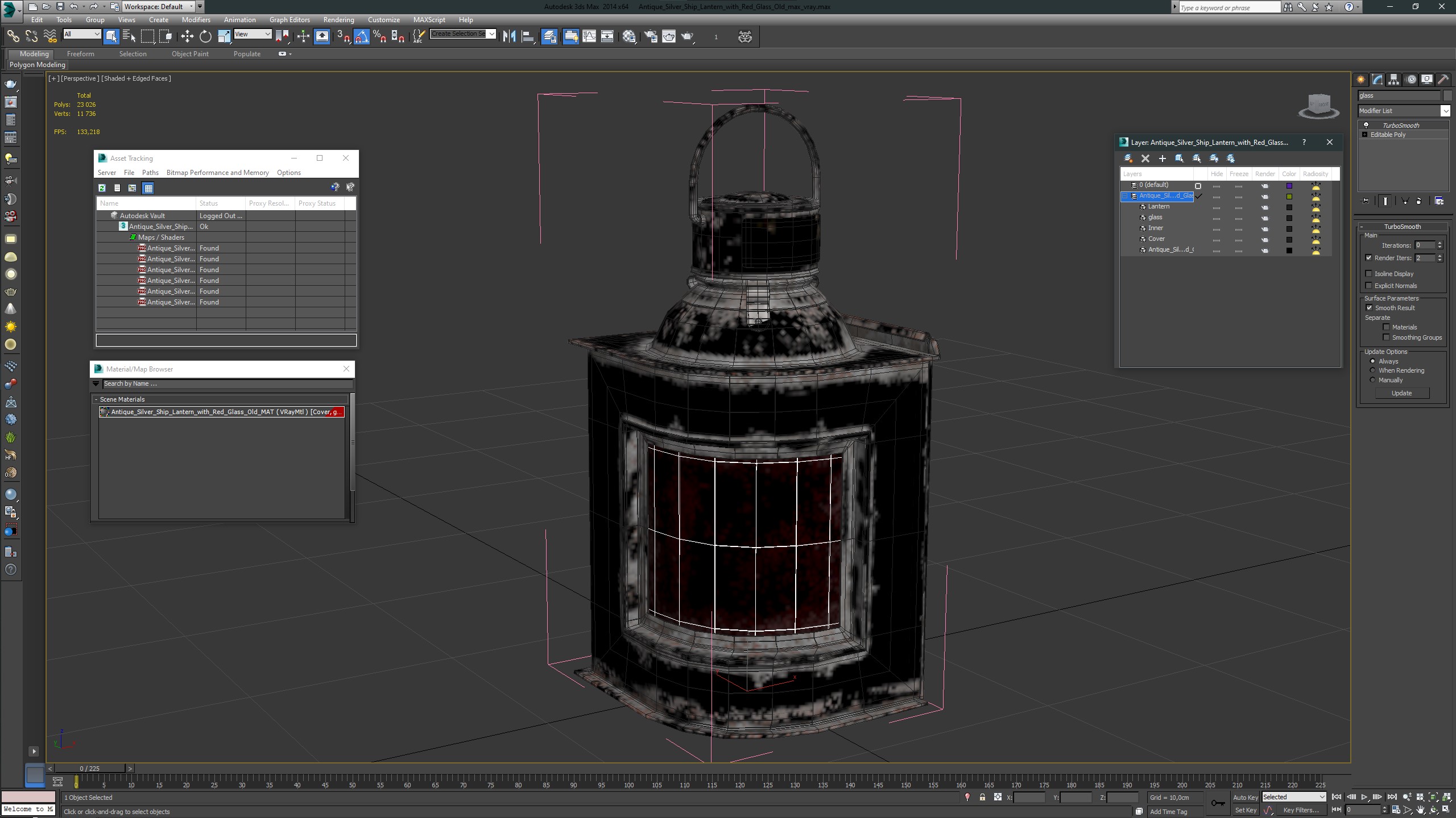 3D Antique Silver Ship Lantern with Red Glass Old