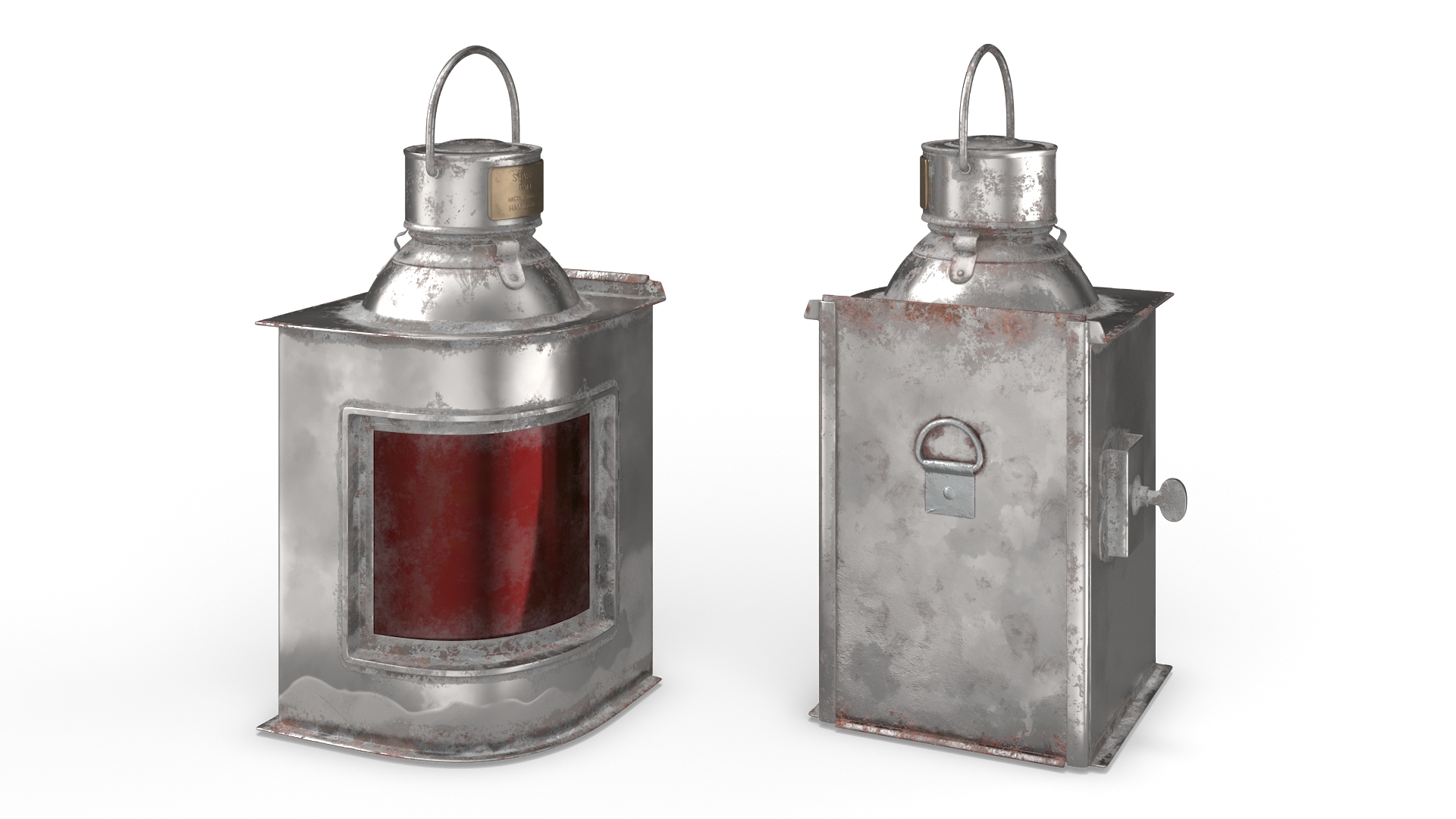 3D Antique Silver Ship Lantern with Red Glass Old