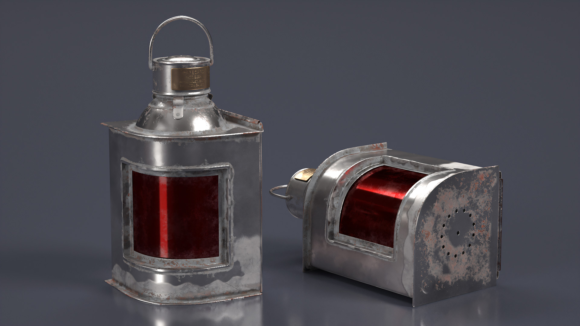 3D Antique Silver Ship Lantern with Red Glass Old