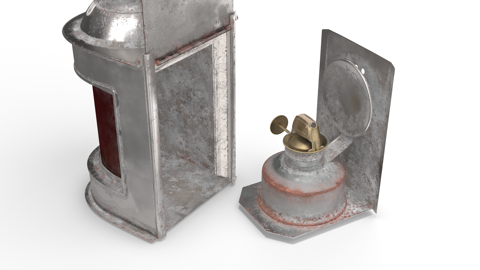 3D Antique Silver Ship Lantern with Red Glass Old