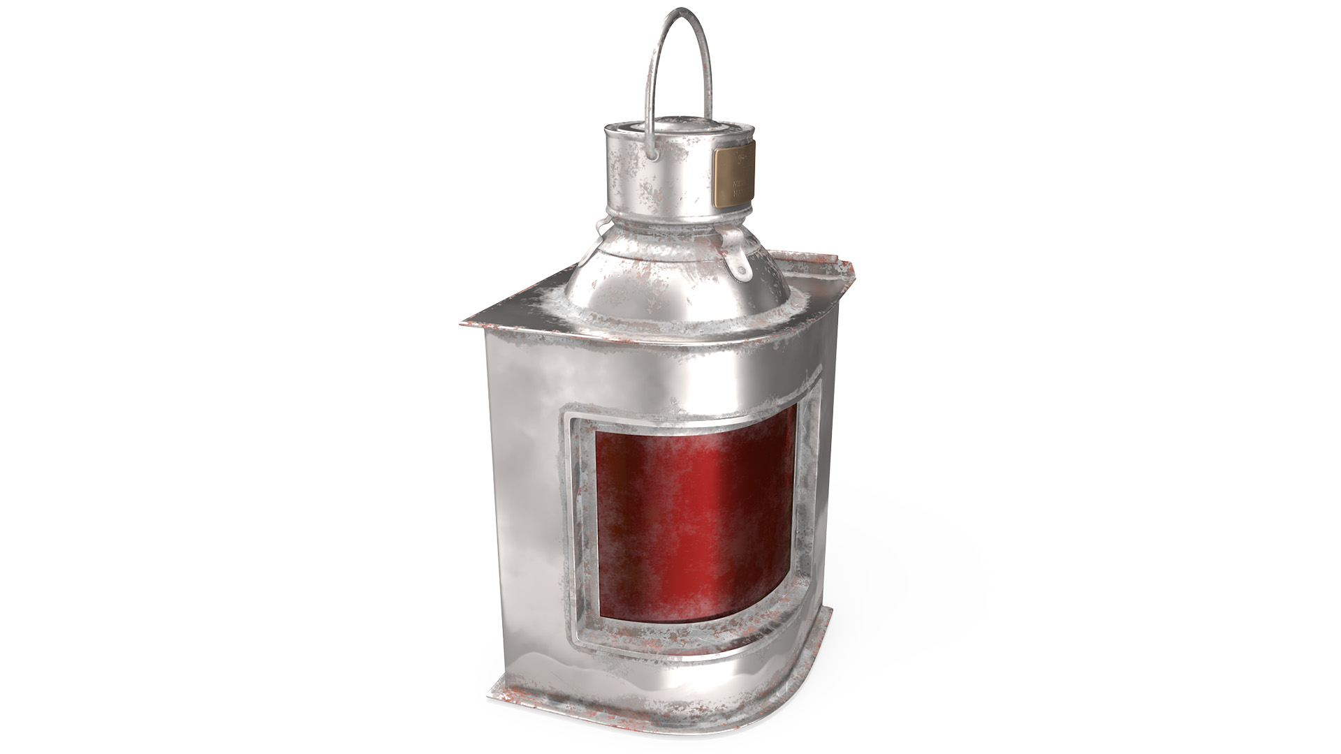3D Antique Silver Ship Lantern with Red Glass Old