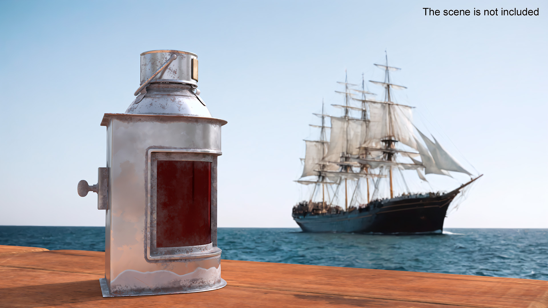 3D Antique Silver Ship Lantern with Red Glass Old