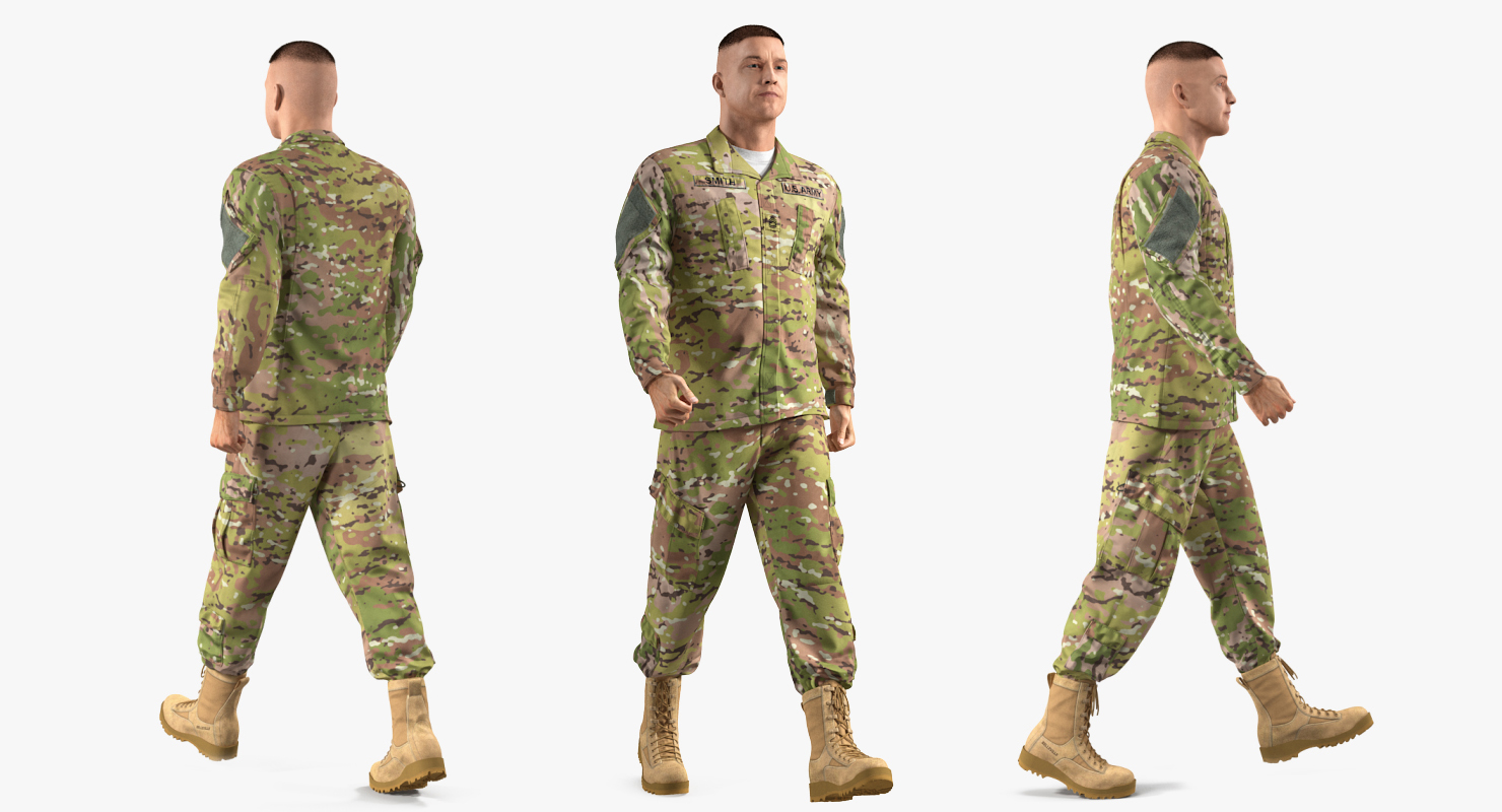 3D US Soldier Camouflage Uniform Walking Pose Fur