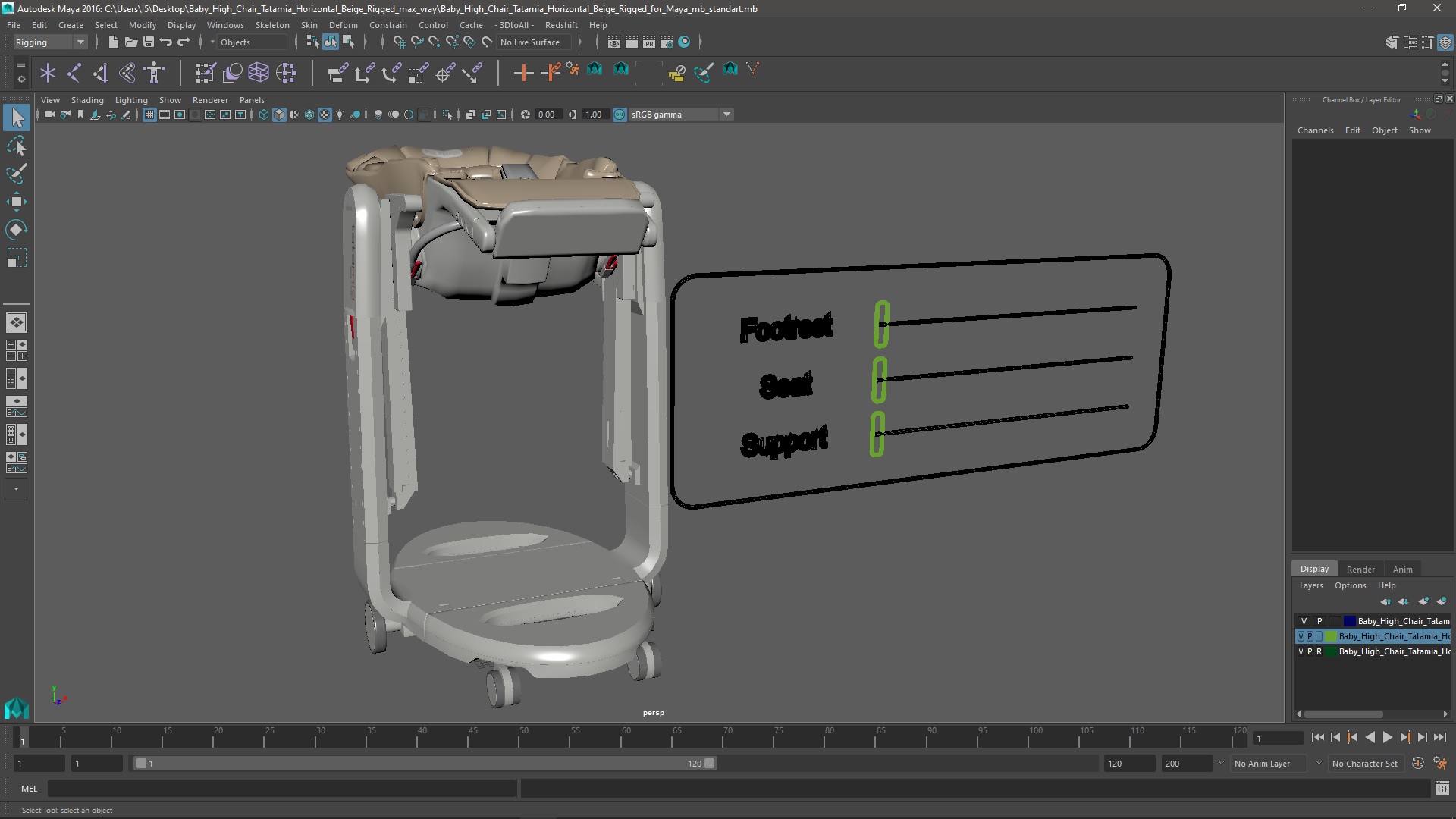 3D Baby High Chair Tatamia Horizontal Beige Rigged for Maya
