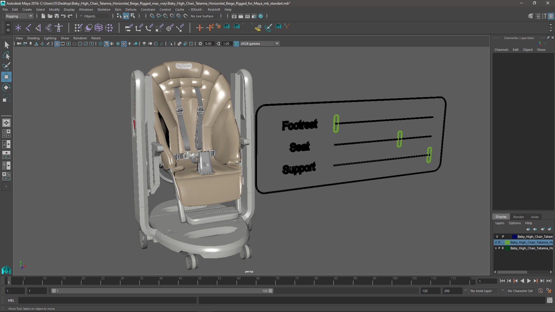 3D Baby High Chair Tatamia Horizontal Beige Rigged for Maya