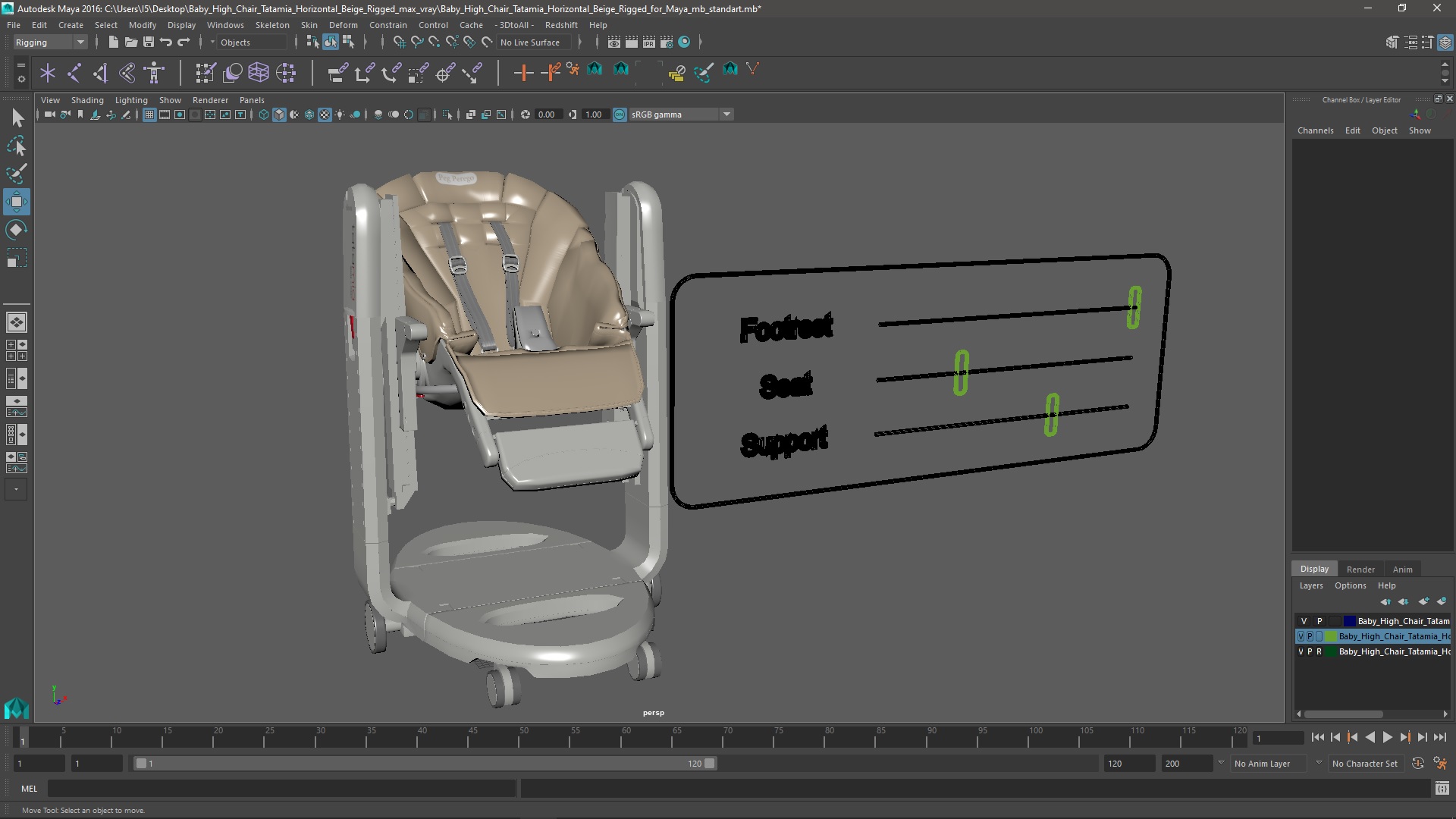3D Baby High Chair Tatamia Horizontal Beige Rigged for Maya