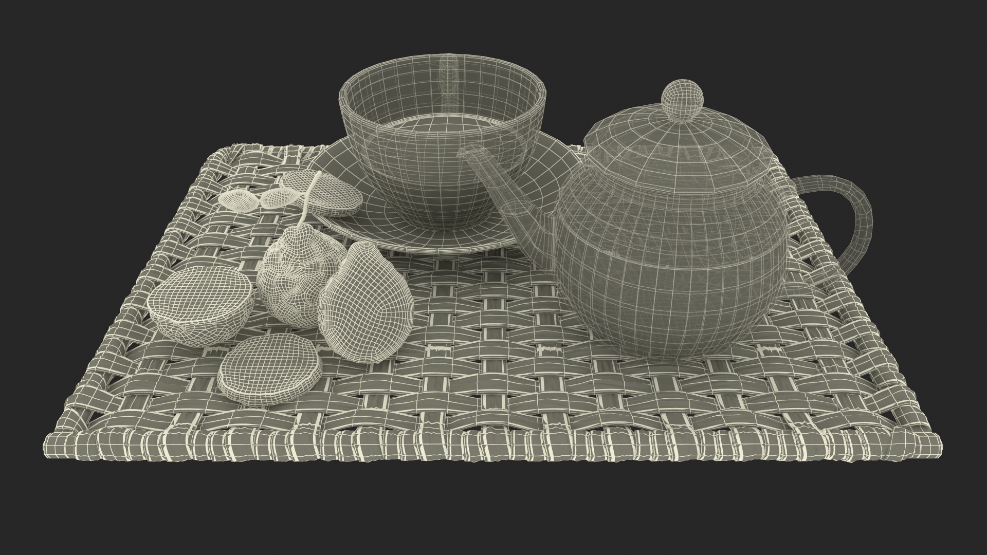 Glass Teapot with Tea Cup and Bergamot on Rattan Mat 3D