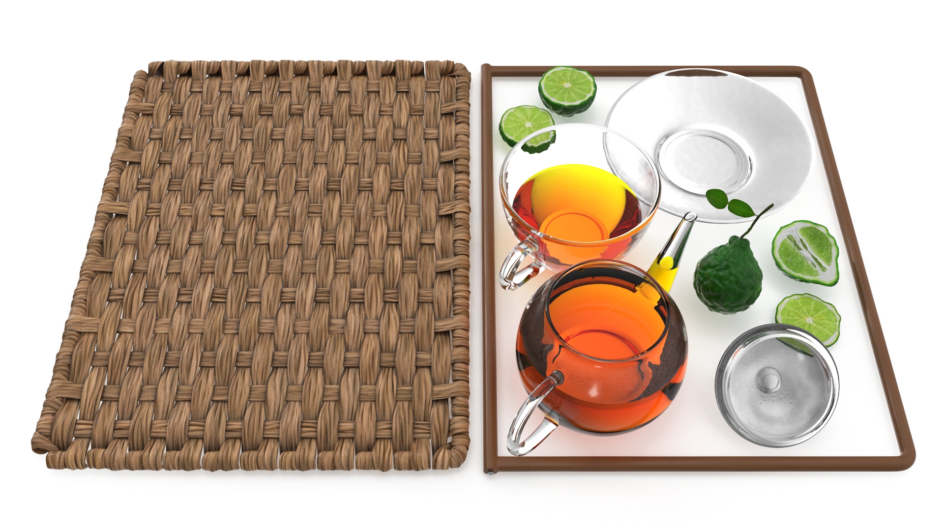 Glass Teapot with Tea Cup and Bergamot on Rattan Mat 3D