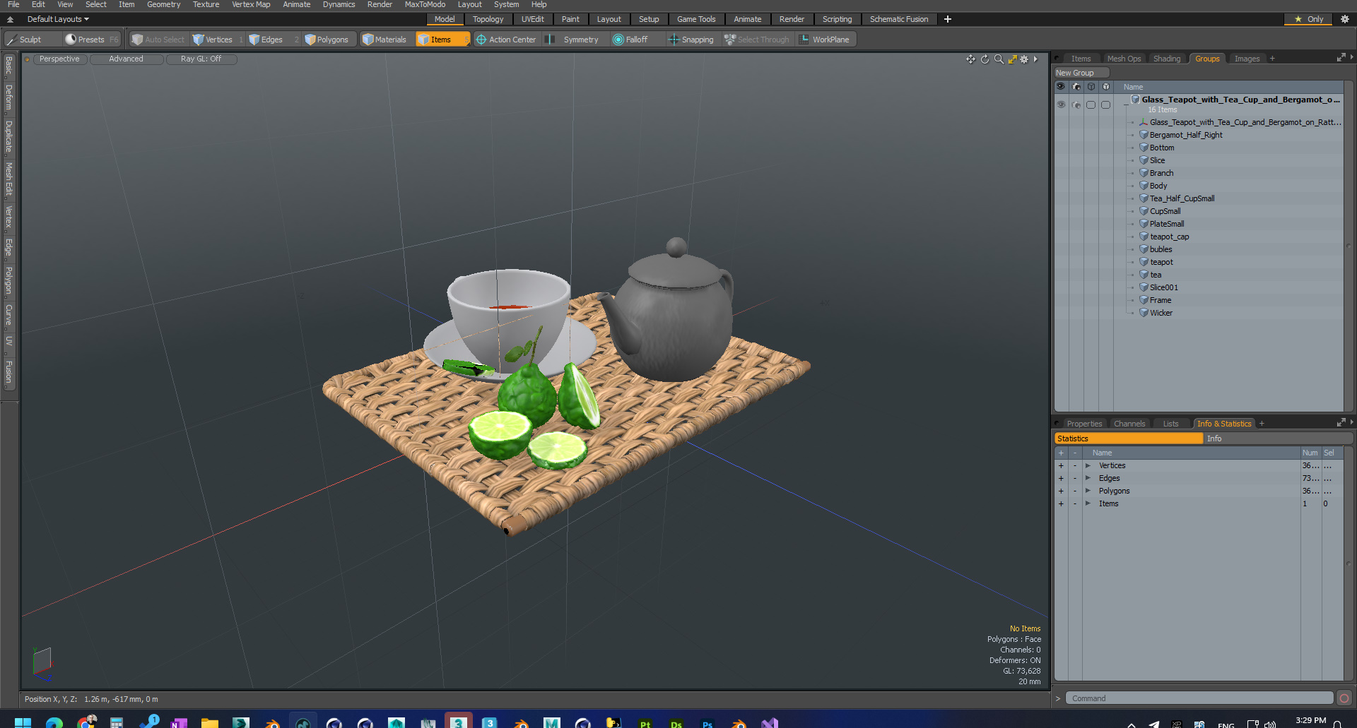 Glass Teapot with Tea Cup and Bergamot on Rattan Mat 3D