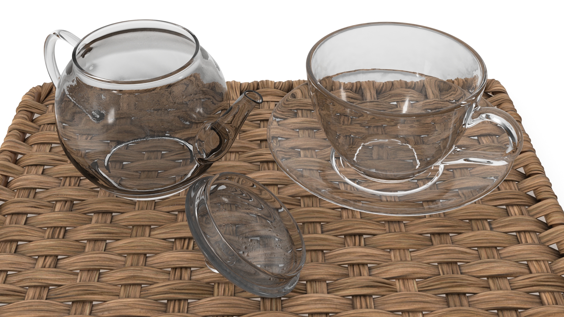 Glass Teapot with Tea Cup and Bergamot on Rattan Mat 3D
