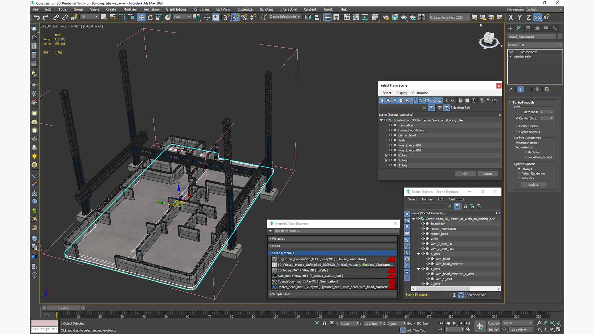 3D Construction 3D Printer at Work on Building Site model
