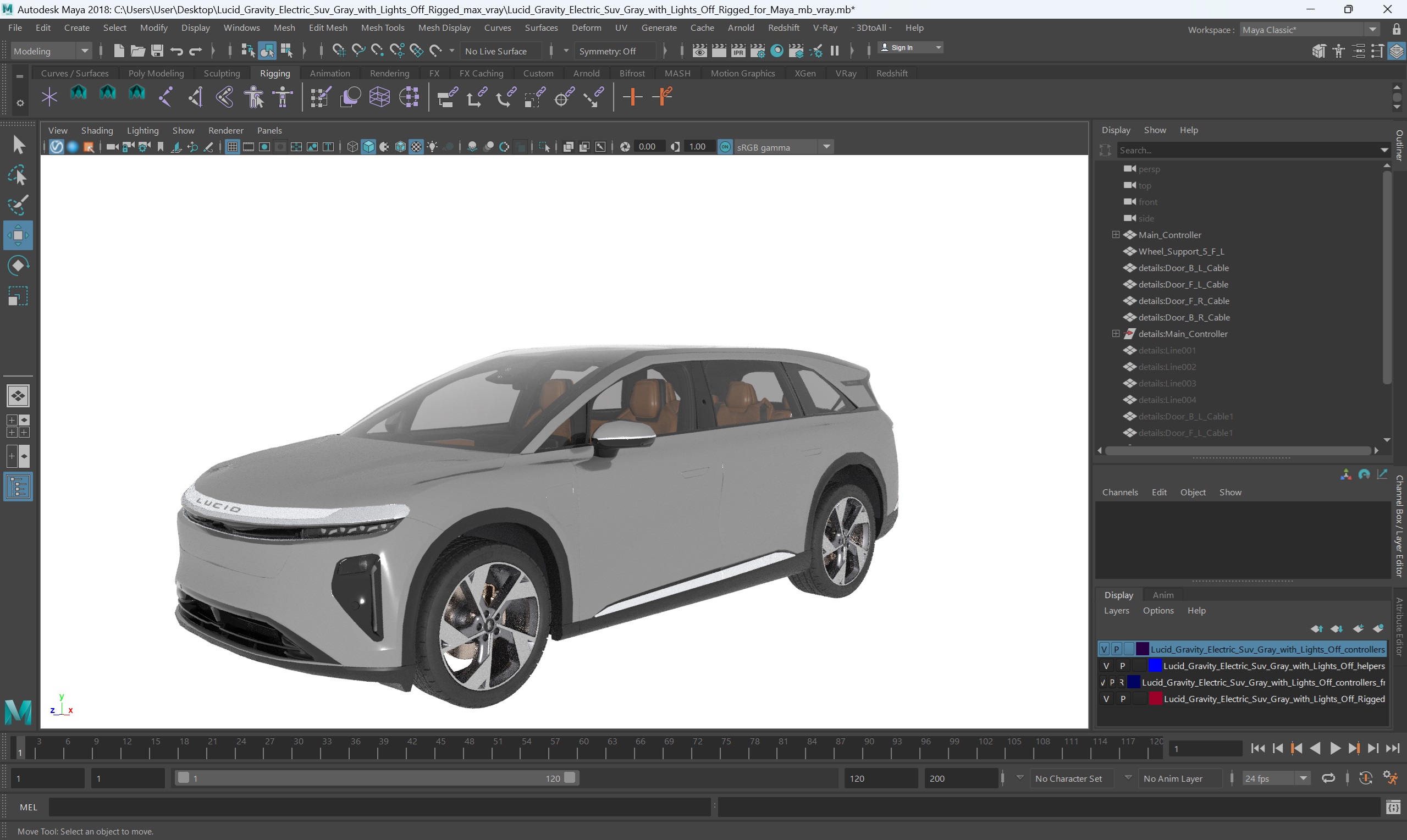 3D Lucid Gravity Electric Suv Gray with Lights Off Rigged for Maya model