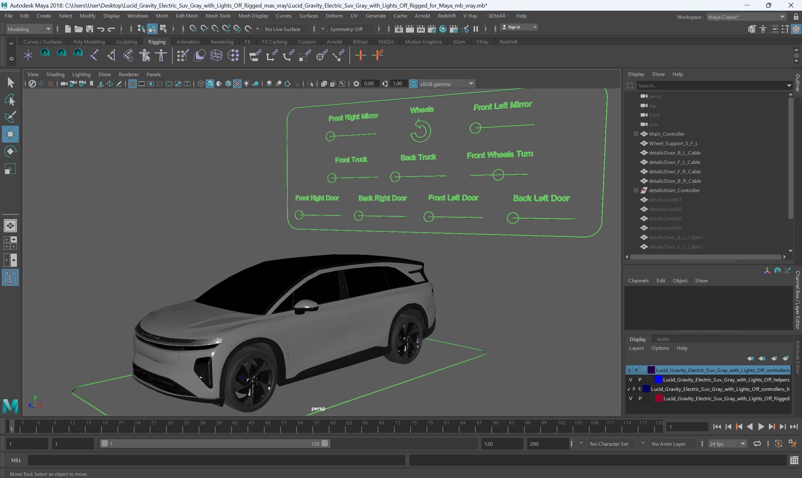 3D Lucid Gravity Electric Suv Gray with Lights Off Rigged for Maya model