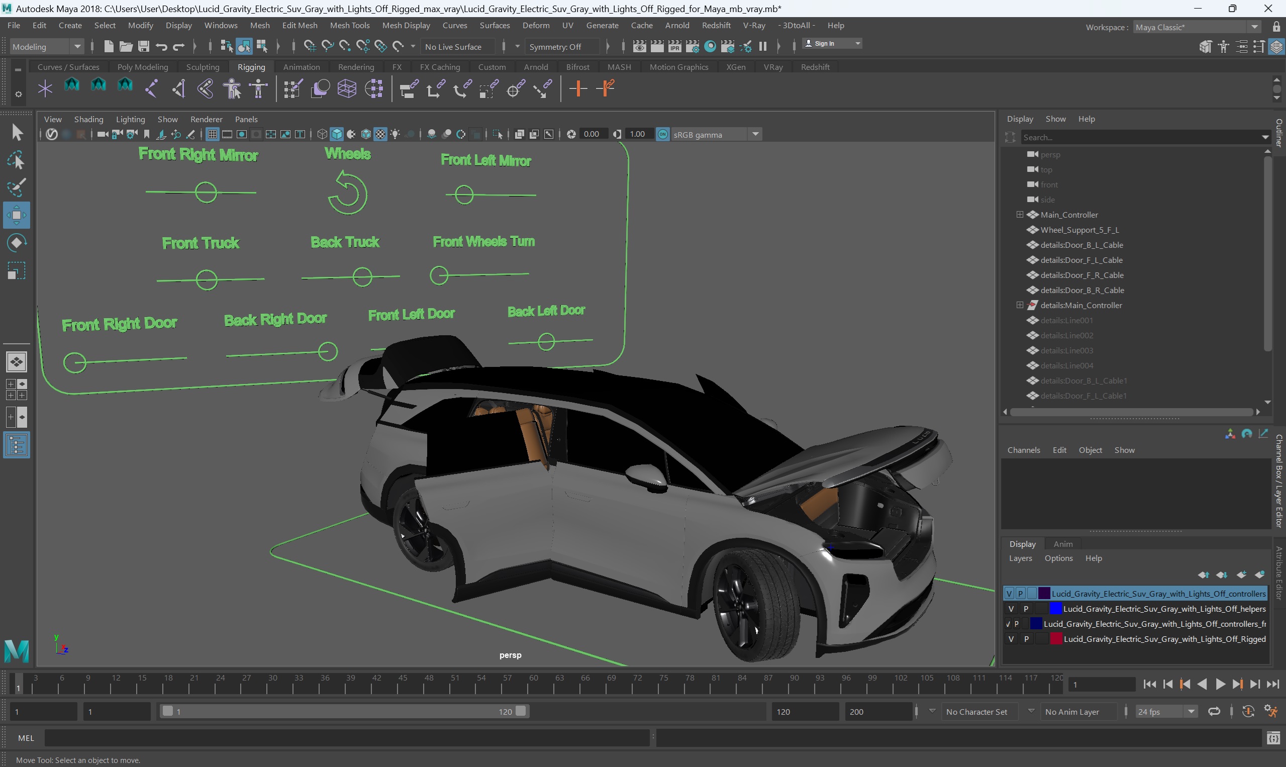 3D Lucid Gravity Electric Suv Gray with Lights Off Rigged for Maya model