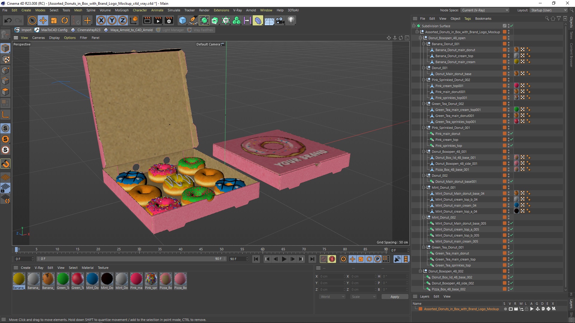 3D model Assorted Donuts in Box with Brand Logo Mockup