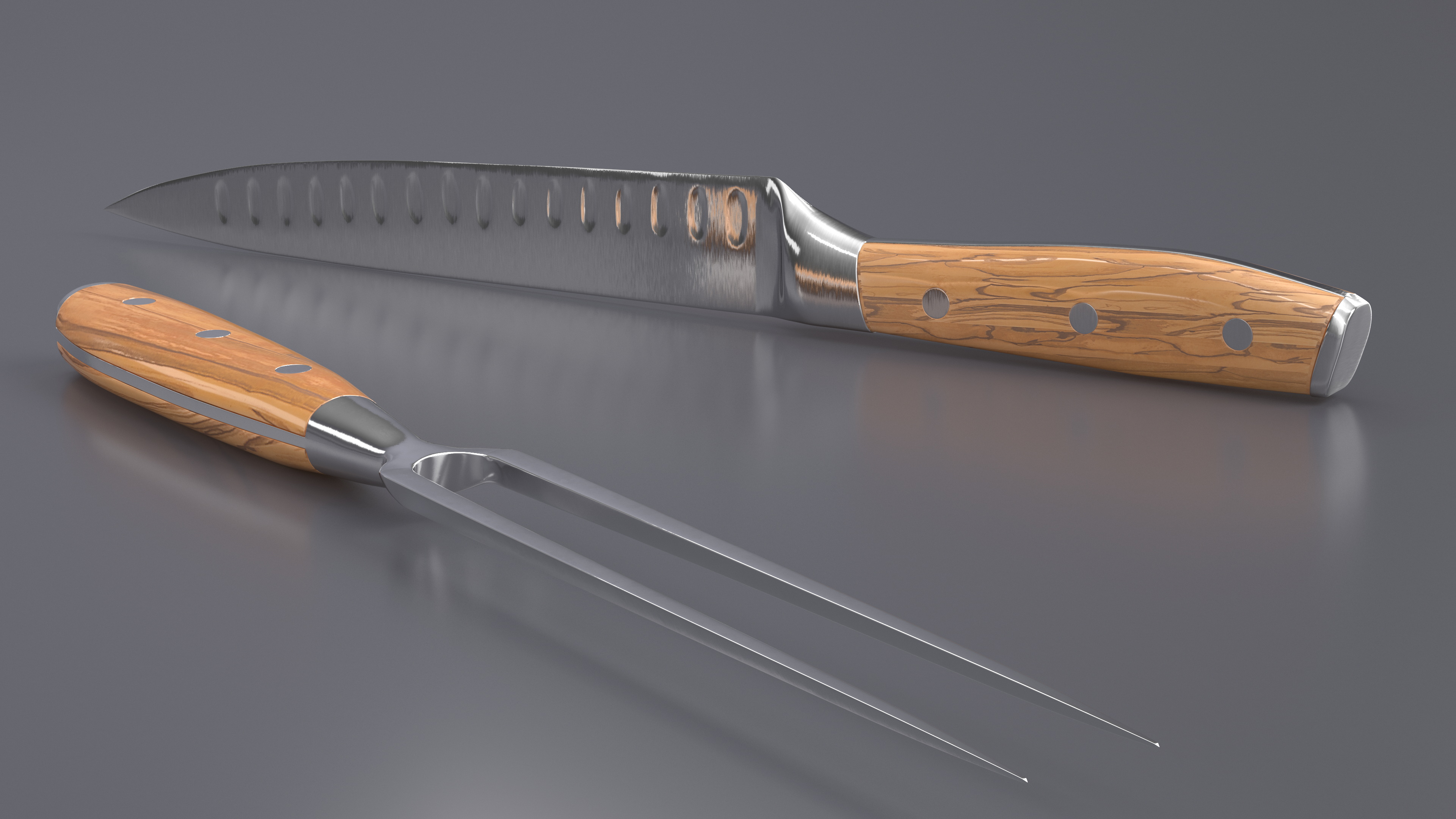 Carving Knife and Fork Set with Light-Colored Handle 3D
