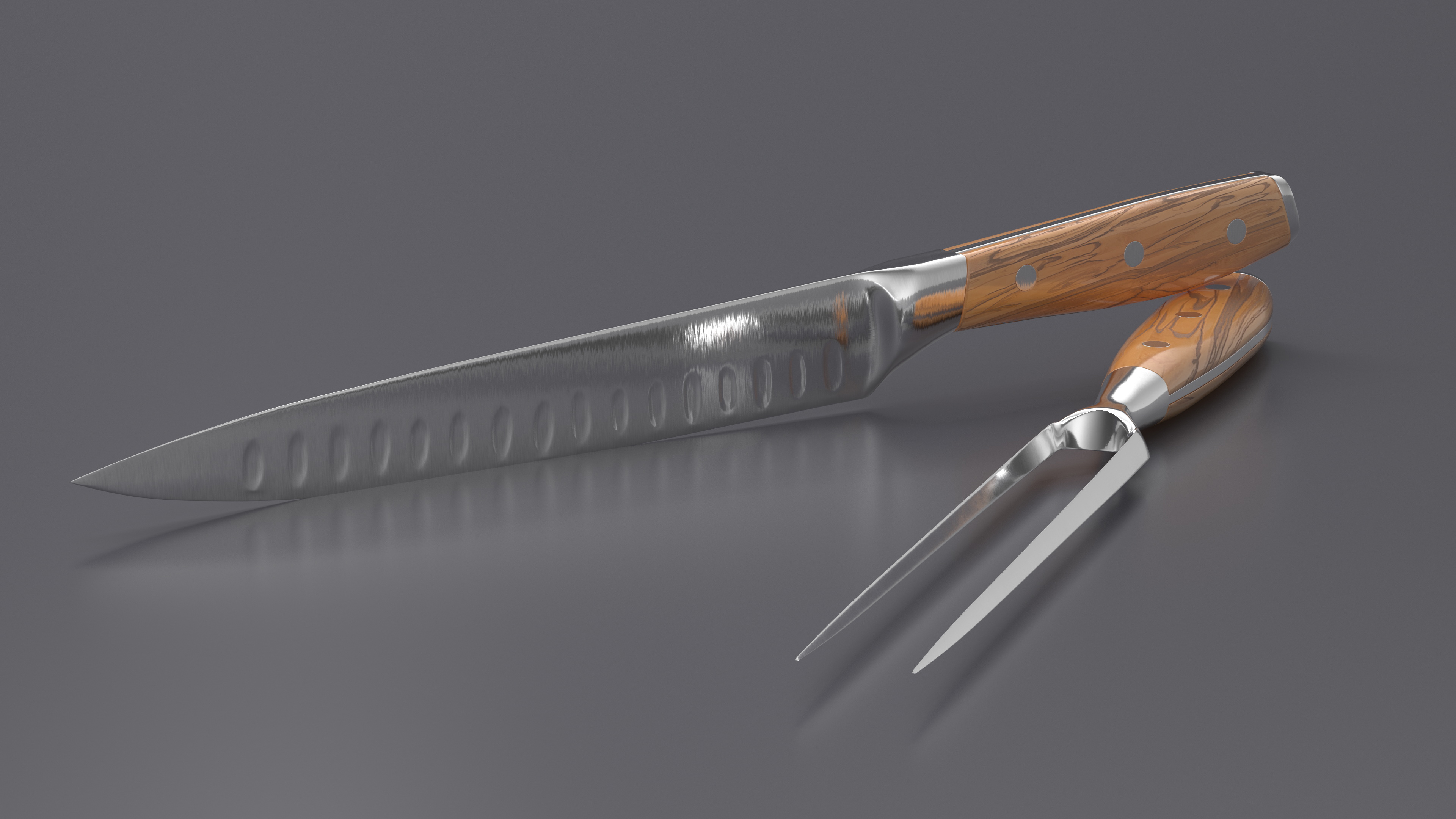 Carving Knife and Fork Set with Light-Colored Handle 3D