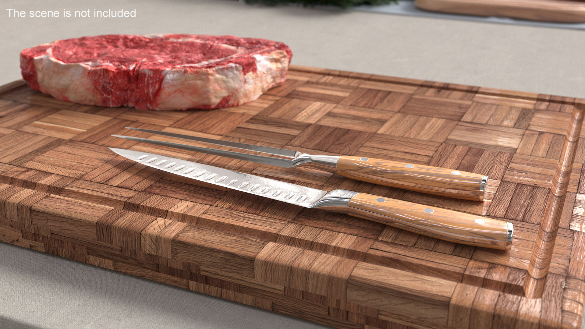 Carving Knife and Fork Set with Light-Colored Handle 3D