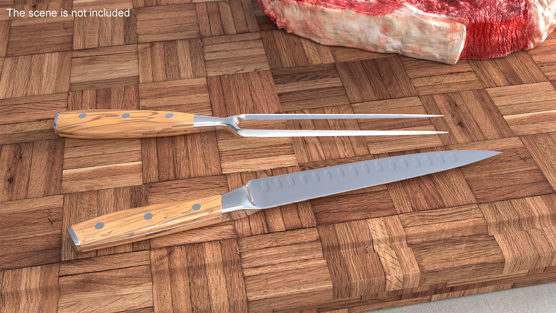 Carving Knife and Fork Set with Light-Colored Handle 3D