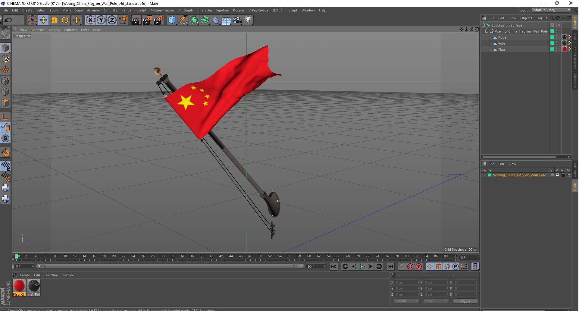 3D model Waving China Flag on Wall Pole