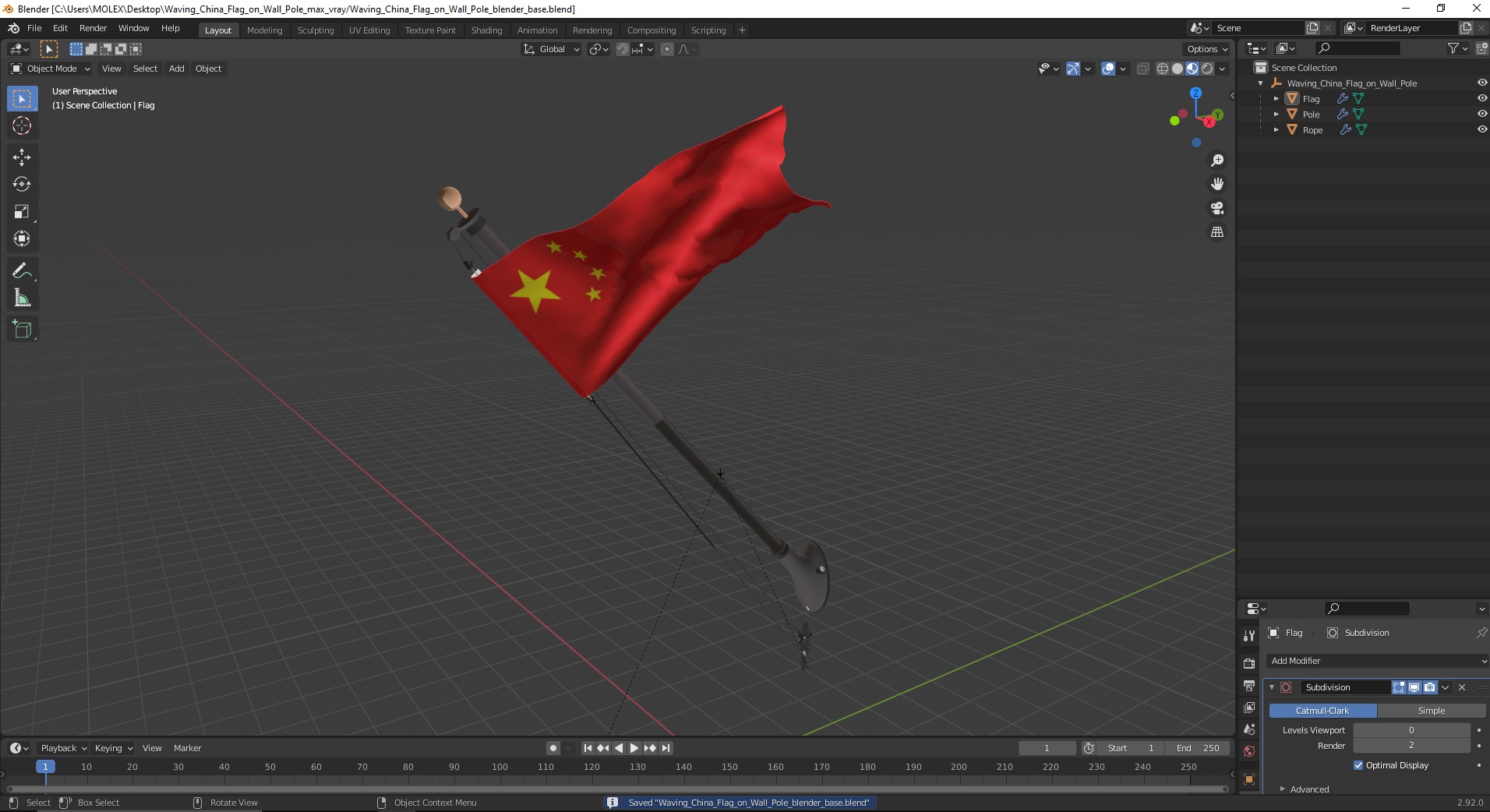 3D model Waving China Flag on Wall Pole