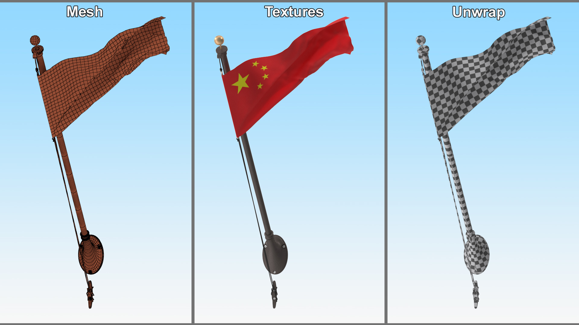 3D model Waving China Flag on Wall Pole