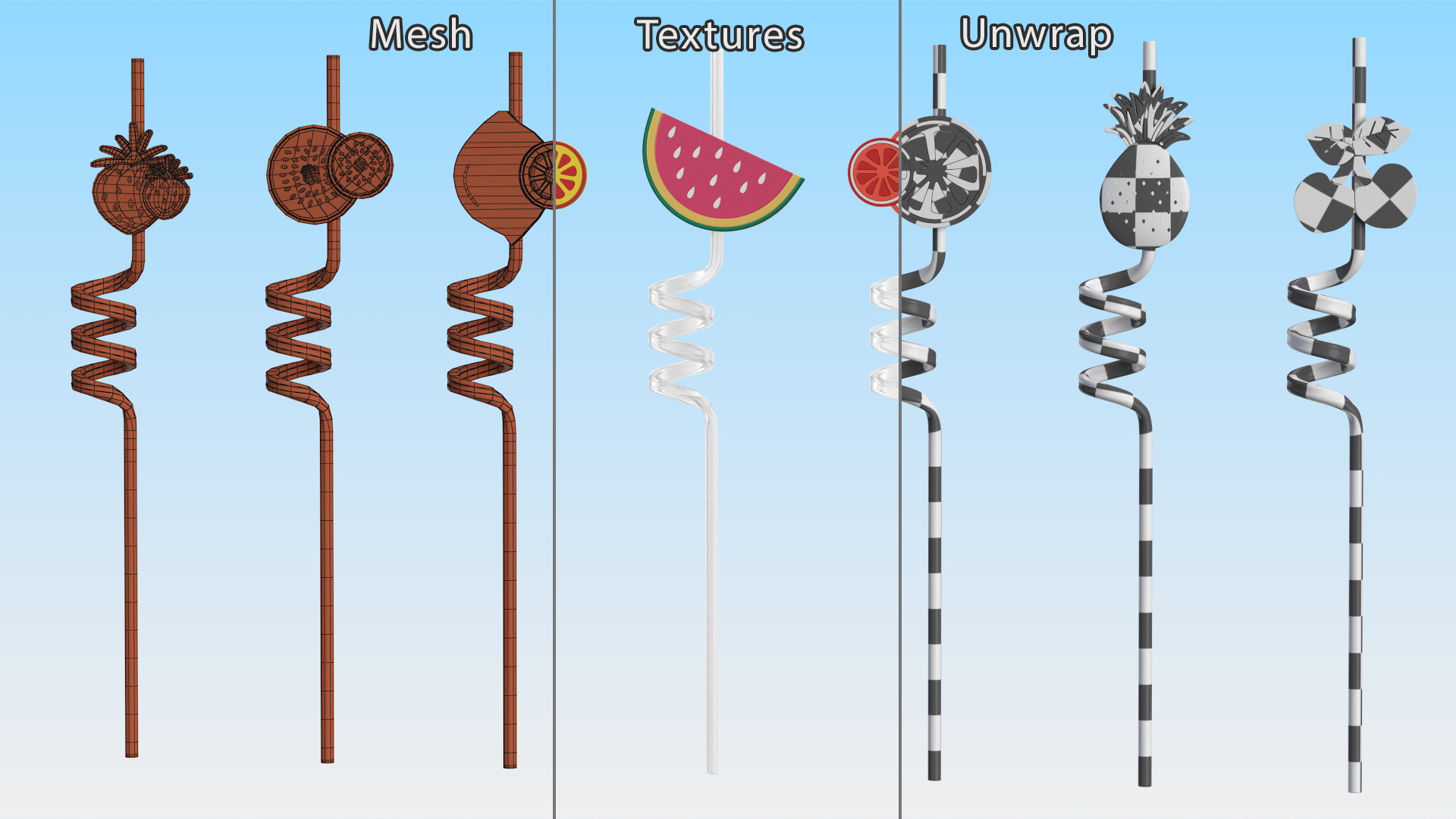 Transparent Plastic Straws with Fruit Tags 3D