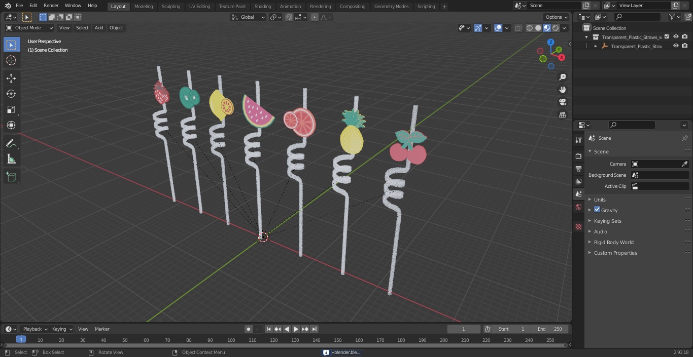 Transparent Plastic Straws with Fruit Tags 3D