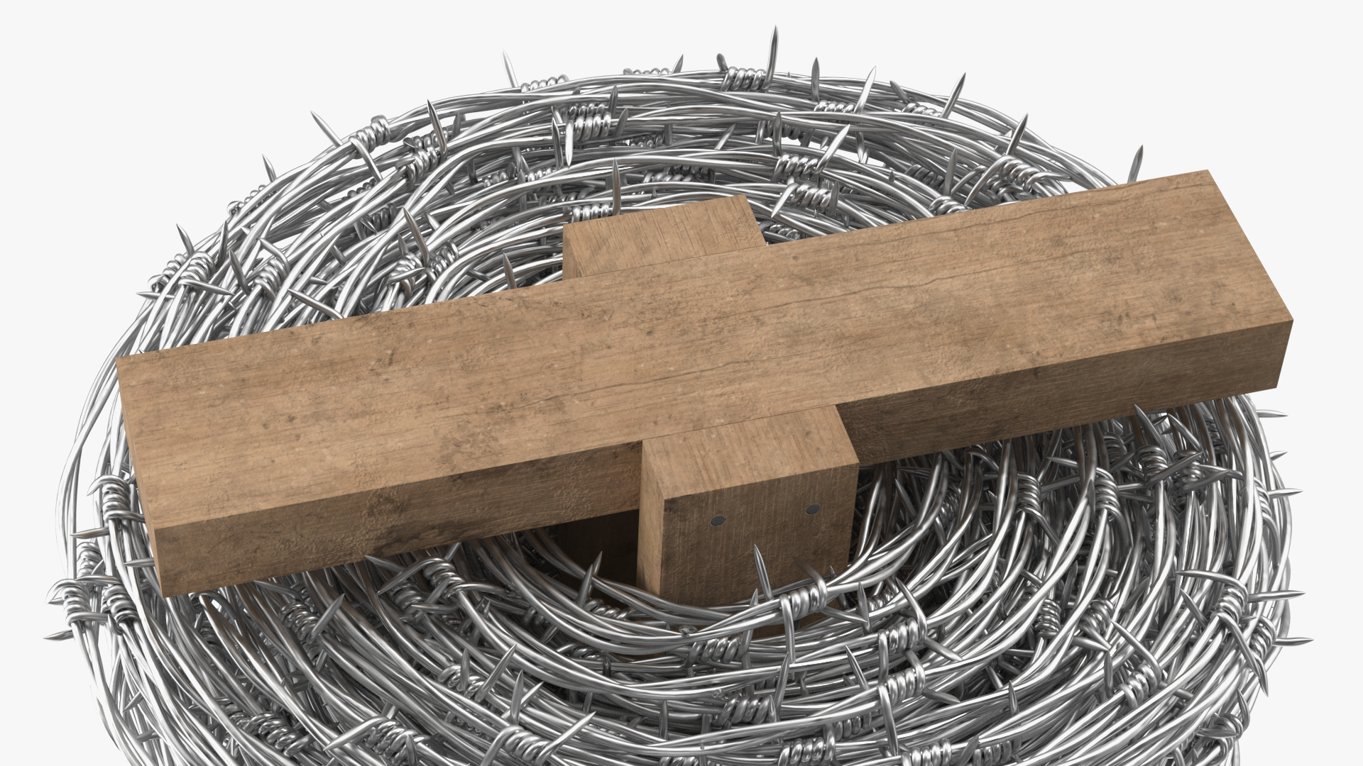 Barbed Wire Roll on Wooden Stand 3D