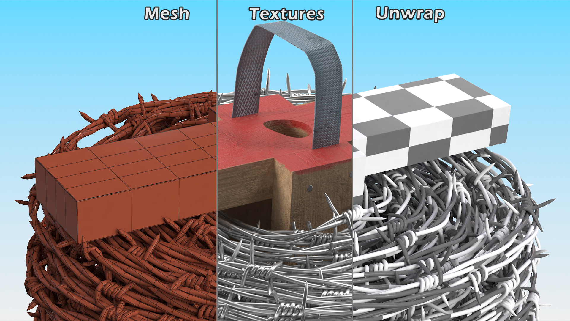 Barbed Wire Roll on Wooden Stand 3D