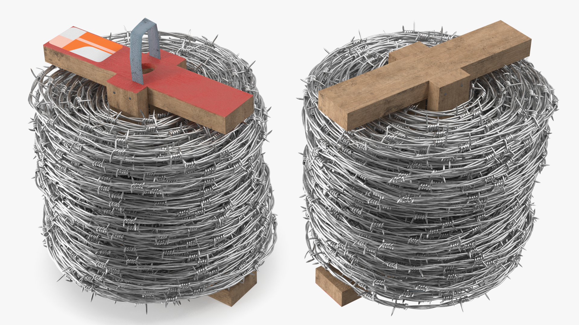 Barbed Wire Roll on Wooden Stand 3D