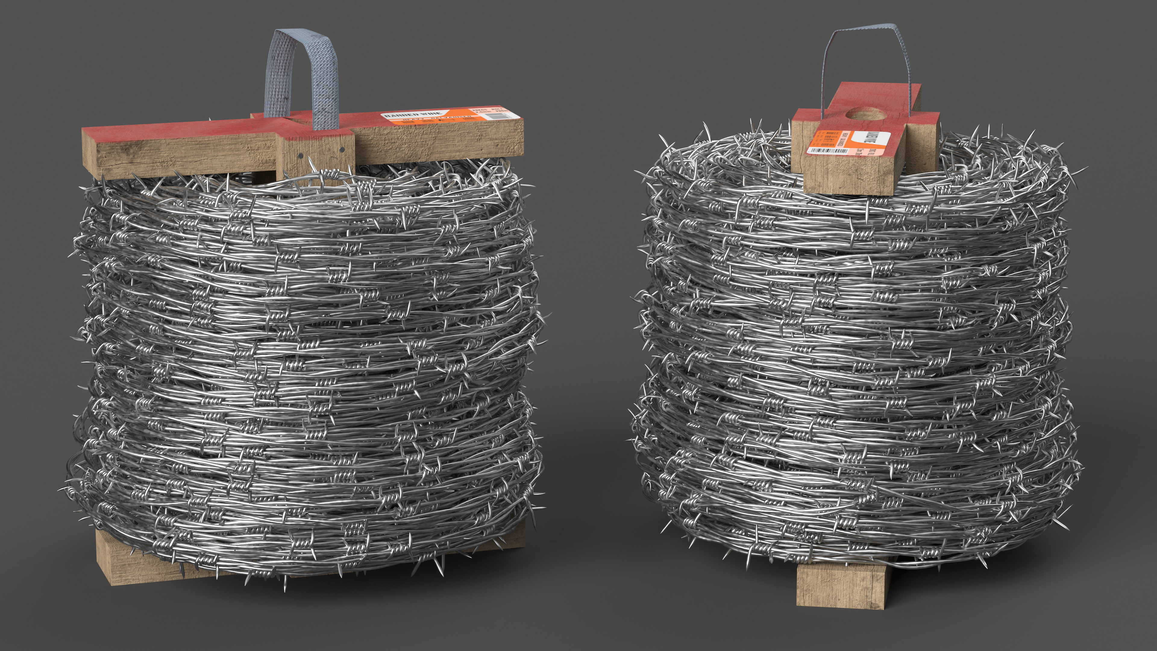 Barbed Wire Roll on Wooden Stand 3D