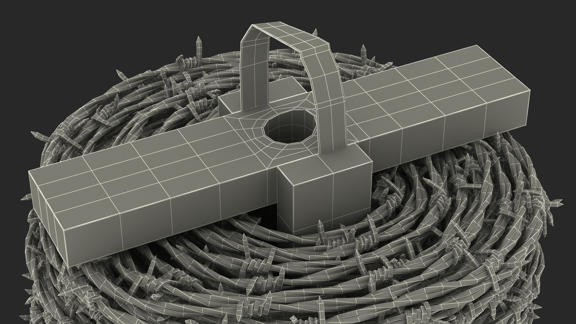 Barbed Wire Roll on Wooden Stand 3D