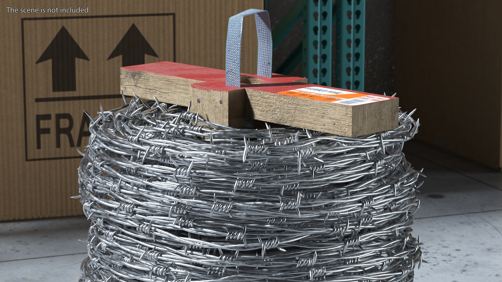 Barbed Wire Roll on Wooden Stand 3D