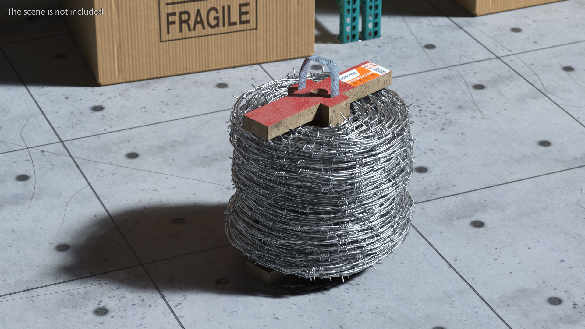Barbed Wire Roll on Wooden Stand 3D