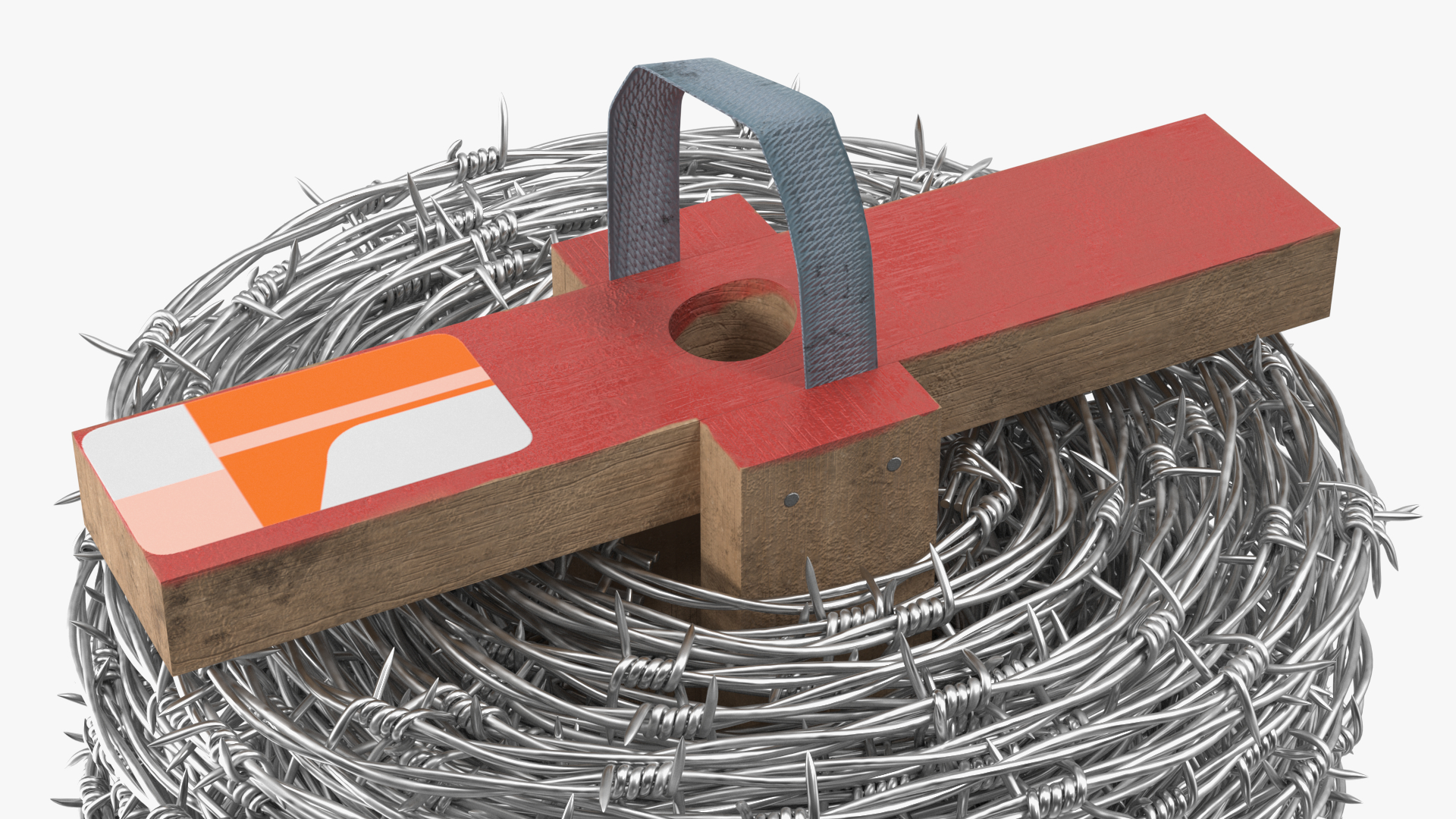 Barbed Wire Roll on Wooden Stand 3D