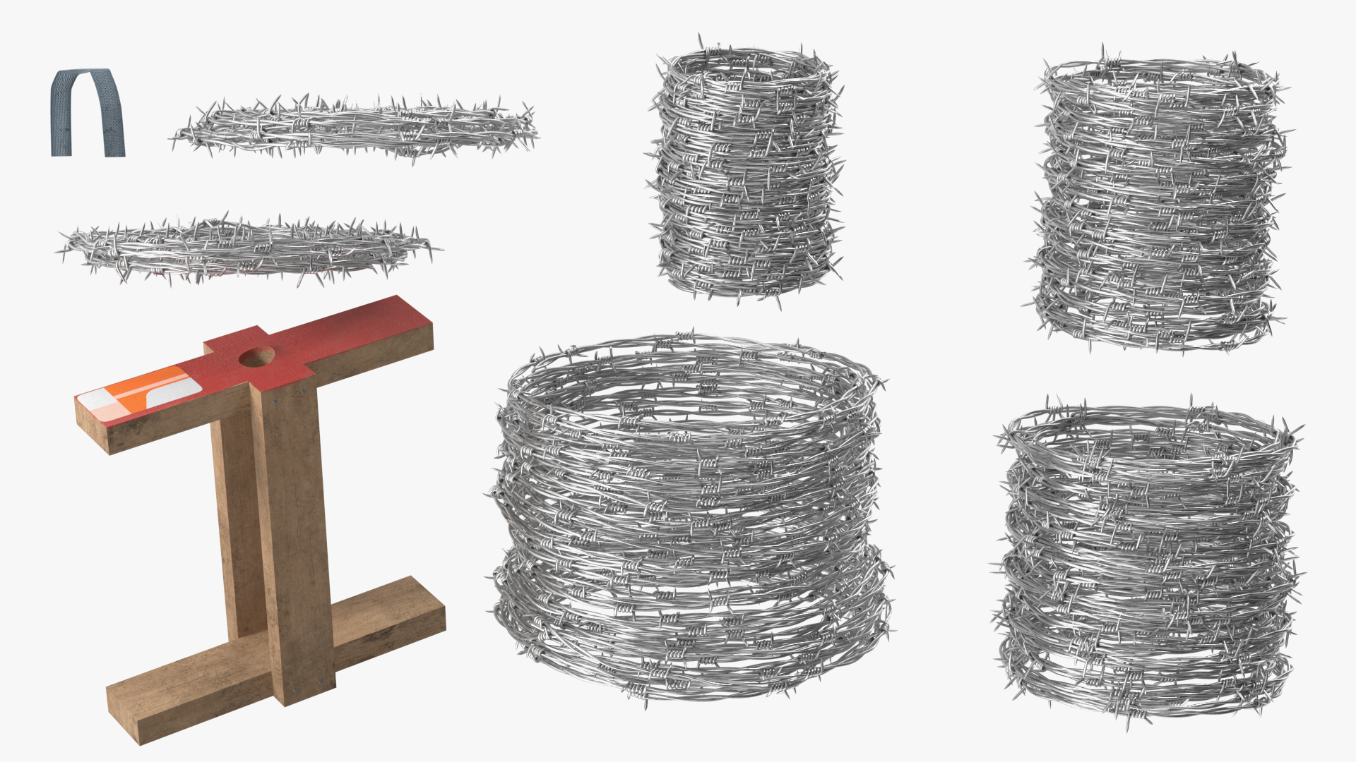 Barbed Wire Roll on Wooden Stand 3D