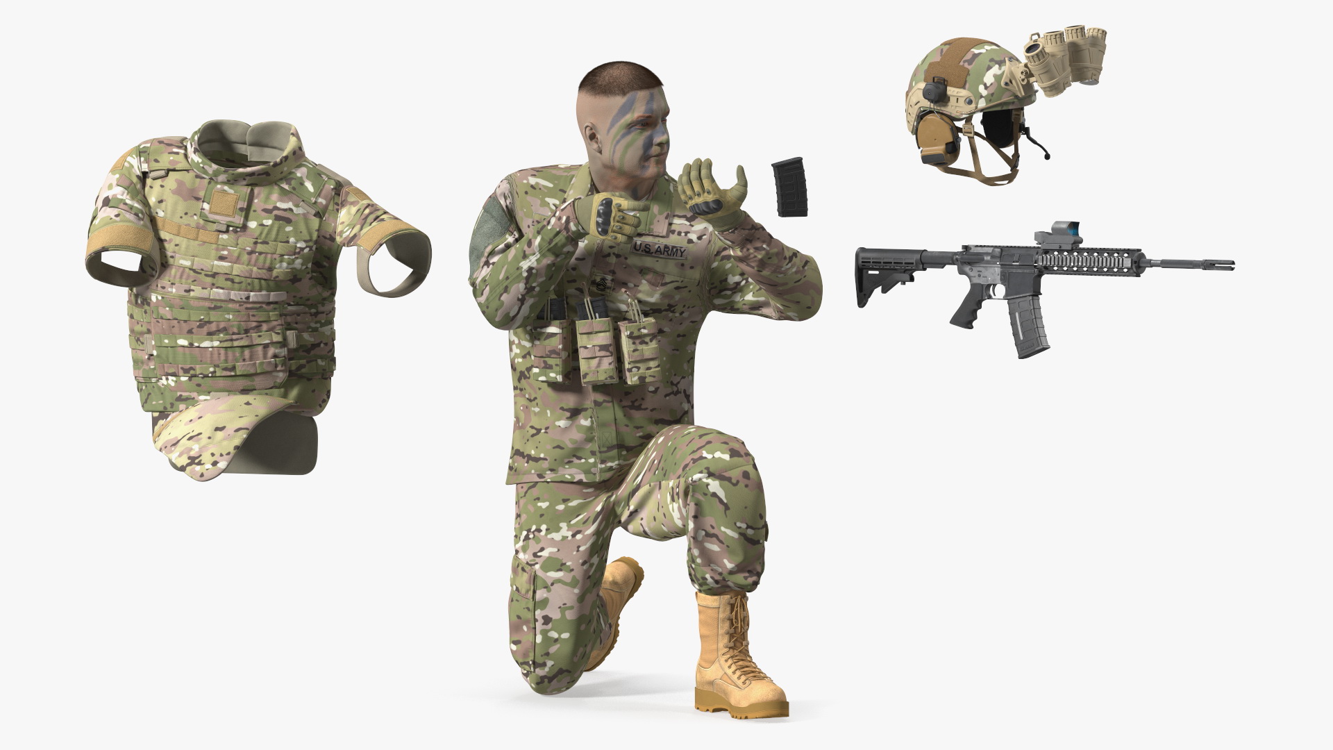 3D model Soldier in Green Camo with Night Vision Aiming Fur