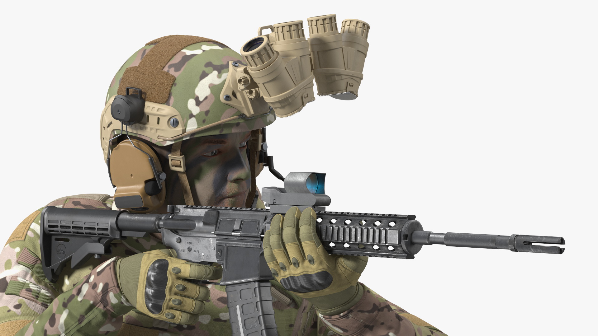 3D model Soldier in Green Camo with Night Vision Aiming Fur