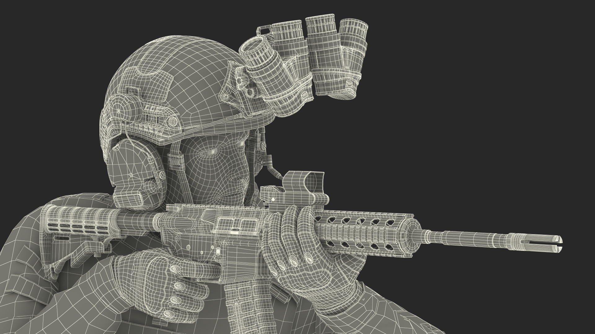 3D model Soldier in Green Camo with Night Vision Aiming Fur