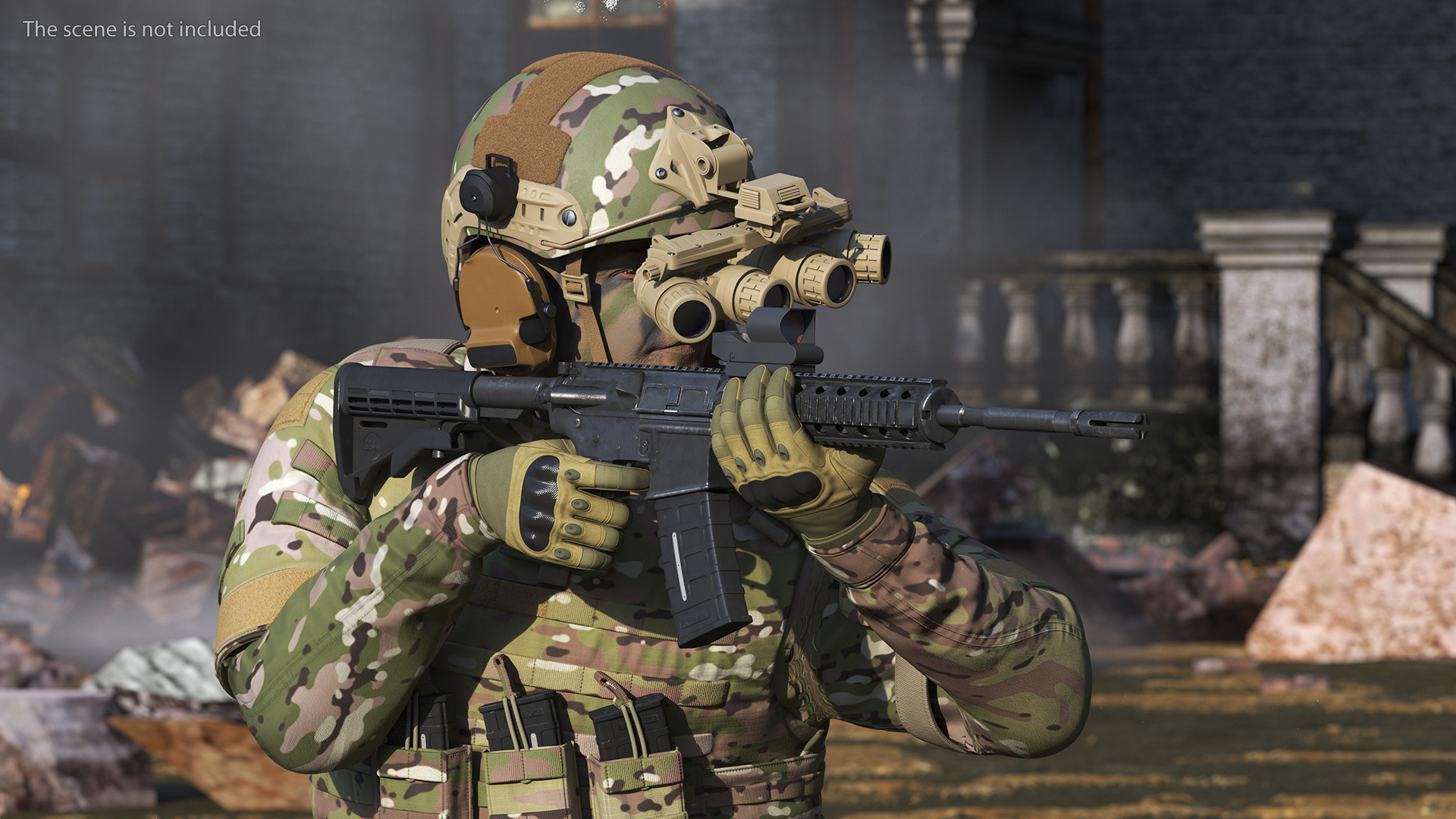 3D model Soldier in Green Camo with Night Vision Aiming Fur