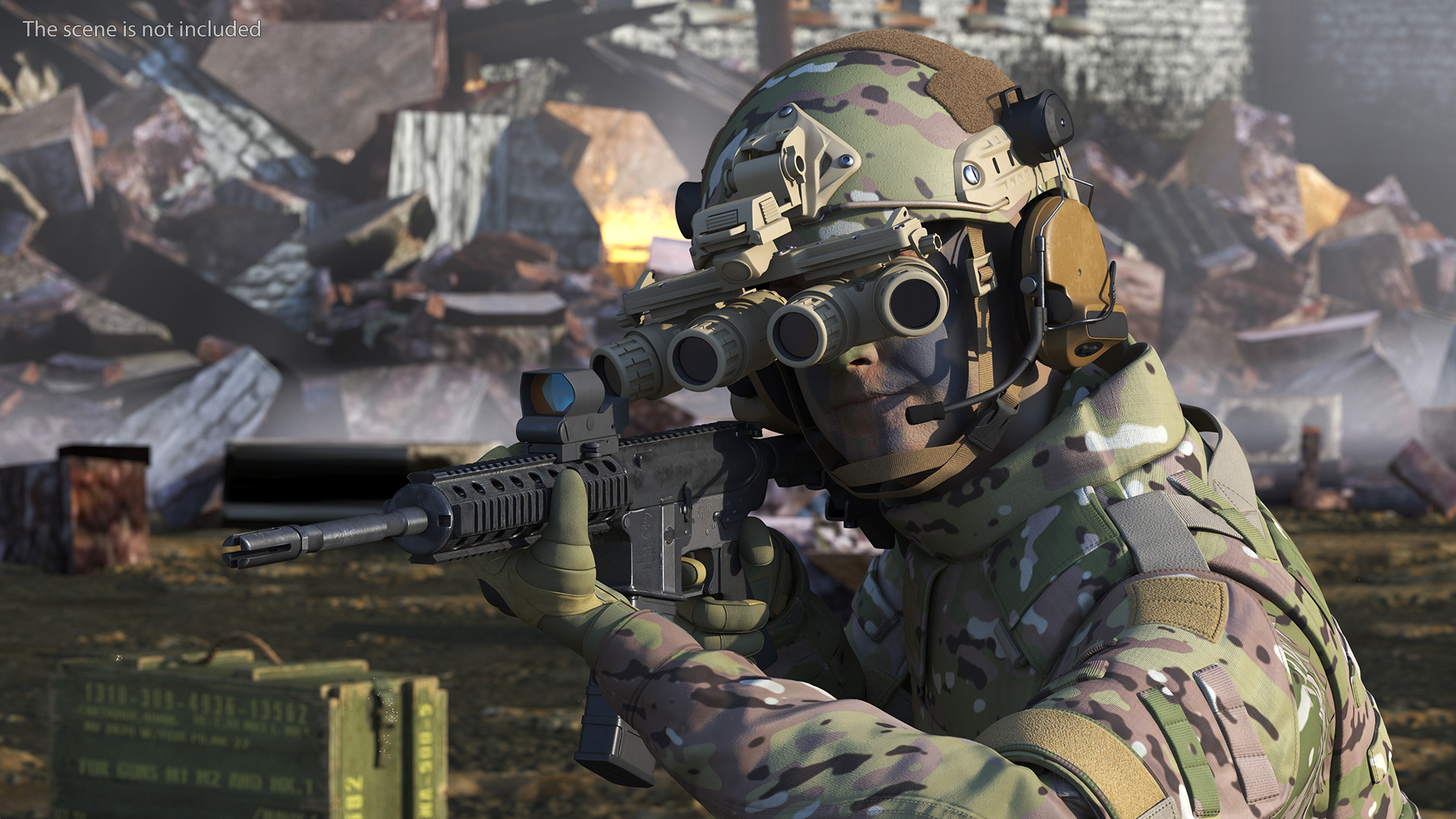 3D model Soldier in Green Camo with Night Vision Aiming Fur