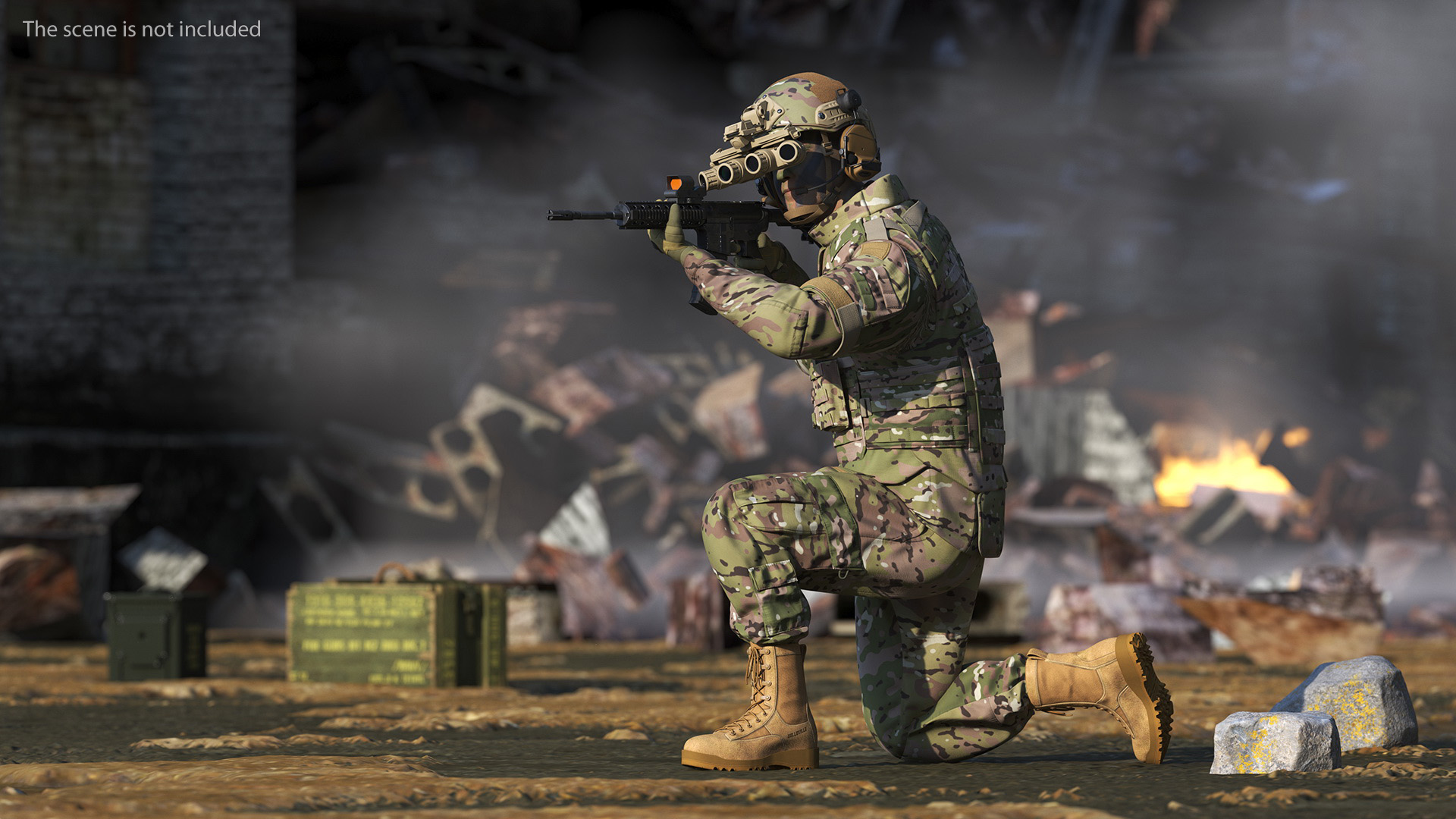 3D model Soldier in Green Camo with Night Vision Aiming Fur