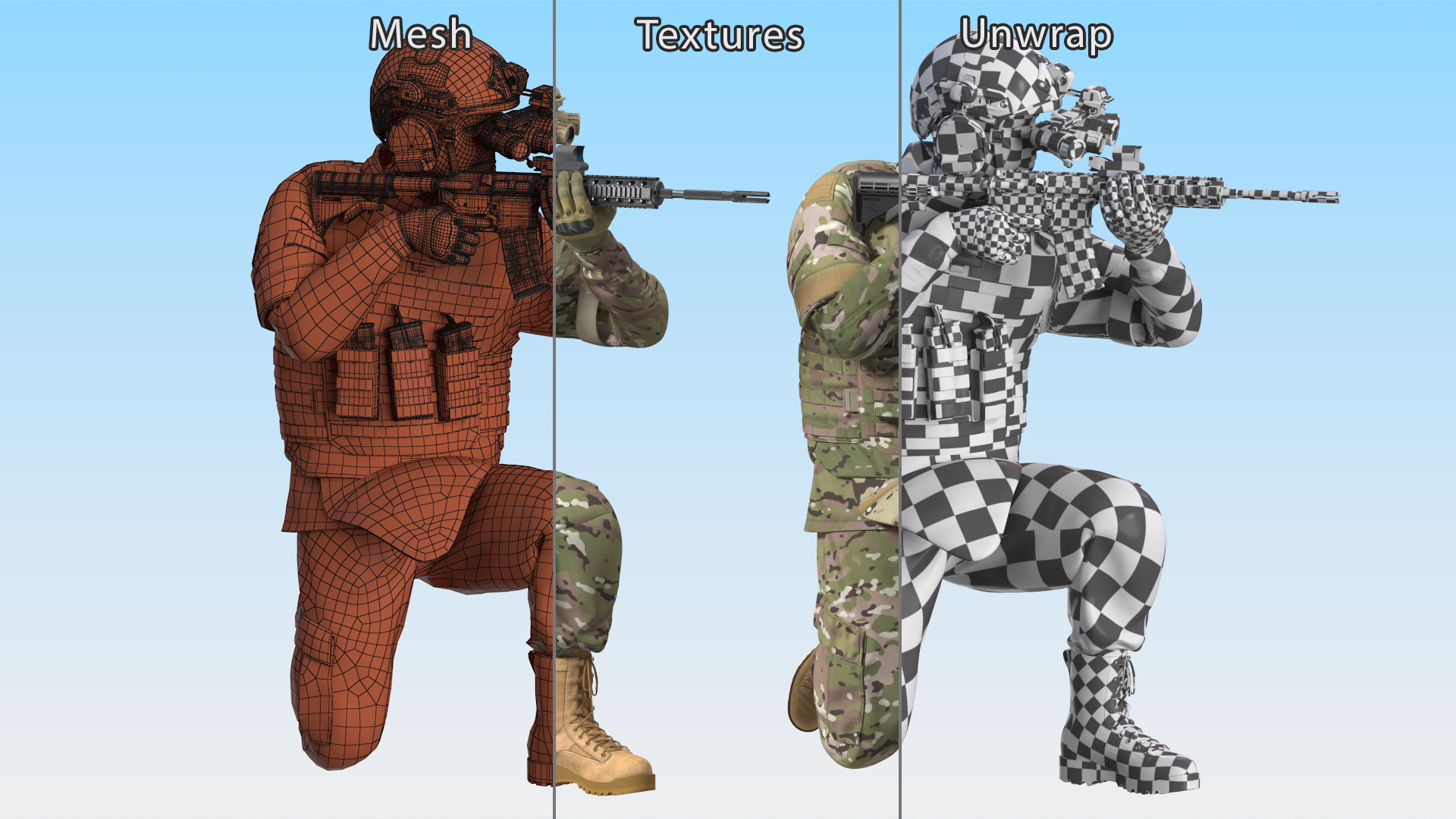 3D model Soldier in Green Camo with Night Vision Aiming Fur