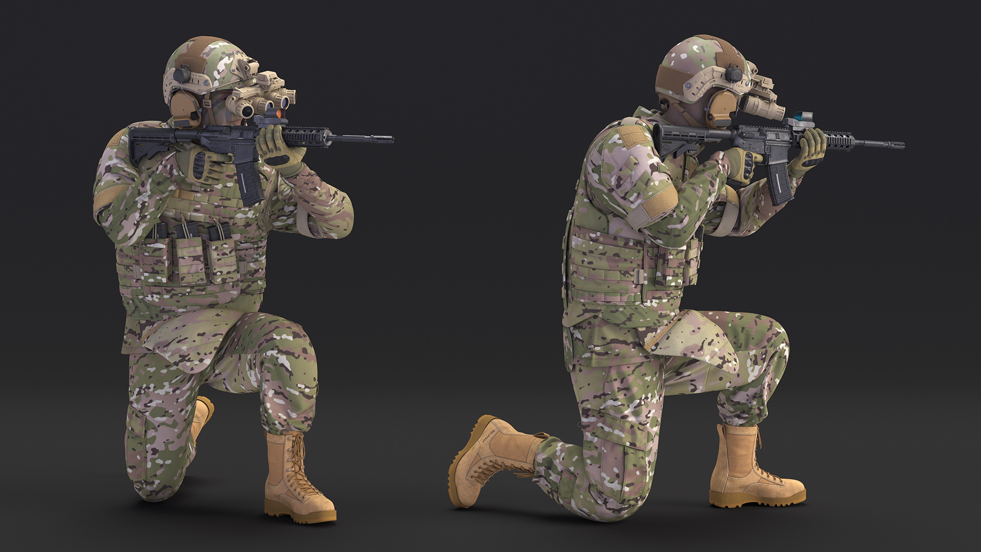 3D model Soldier in Green Camo with Night Vision Aiming Fur
